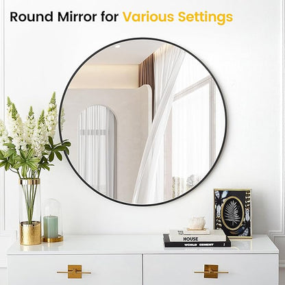 GarveeHome Large Round Mirror, 36 in Aluminum Alloy Circle Frame, High Definition Eco-Friendly Black Round Bathroom Mirror for Over Sink, Wall Mirror for Entryway, Bathroom, Vanity
