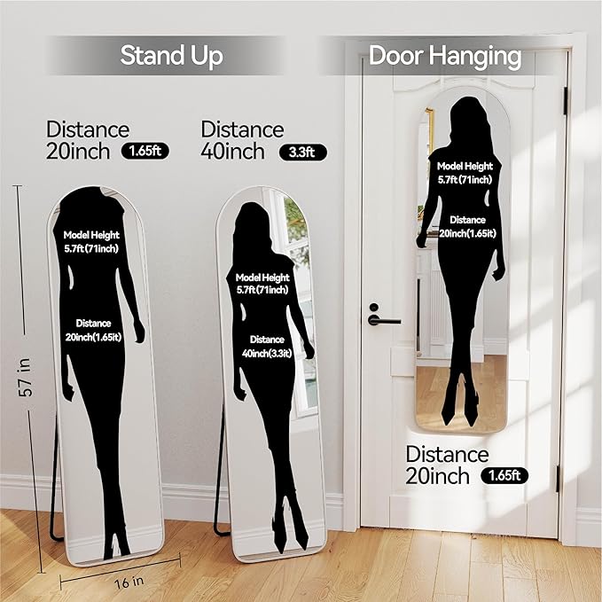 SCWF-GZ 57x16 Door Hanging Full Length Mirror, Floor Stand (Height 5.7ft just Body in1.3ft) / Wall Mounted Metal Frame Arch Dressing Mirrors for Bedroom Living Room 57 inch Silver