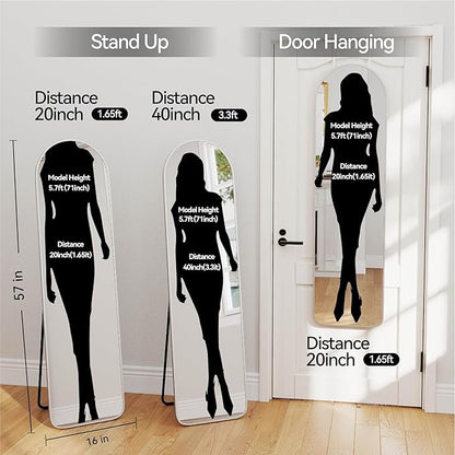 SCWF-GZ 57x16 Door Hanging Full Length Mirror, Floor Stand (Height 5.7ft just Body in1.3ft) / Wall Mounted Metal Frame Arch Dressing Mirrors for Bedroom Living Room 57 inch Silver