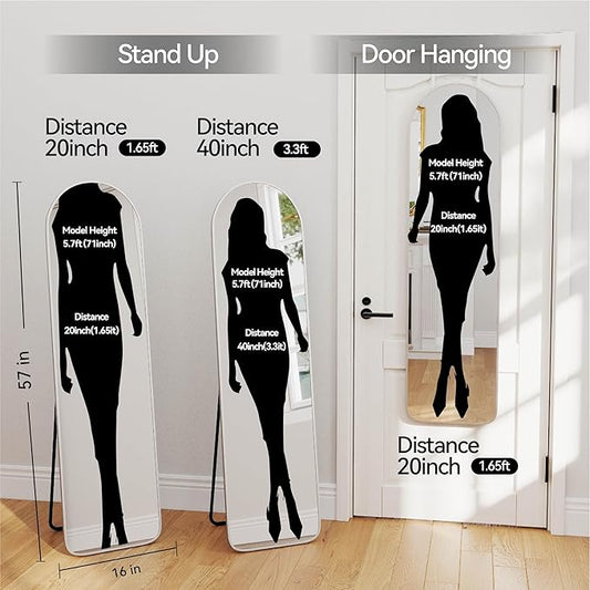 SCWF-GZ 57x16 Door Hanging Full Length Mirror, Floor Stand (Height 5.7ft just Body in1.3ft) / Wall Mounted Metal Frame Arch Dressing Mirrors for Bedroom Living Room 57 inch Silver