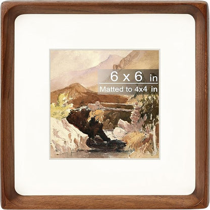 Square 6x6 Picture Frame with Mat for 4x4, Natural Walnut Wood Handcrafted Rounded Corner with Real Glass, Vertical or Horizontal Display Photo Gallery Wall & Tabletop Frame