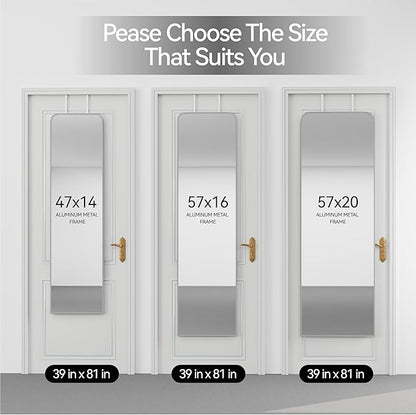 SCWF-GZ 57x20 Door Hanging Full Length Mirror, Floor (Height 5.7ft just Body in 1.3ft) or Wall Mounted Metal Frame Rectangle Dressing Mirrors for Bedroom Bathroom Living Room 57 inch Silver