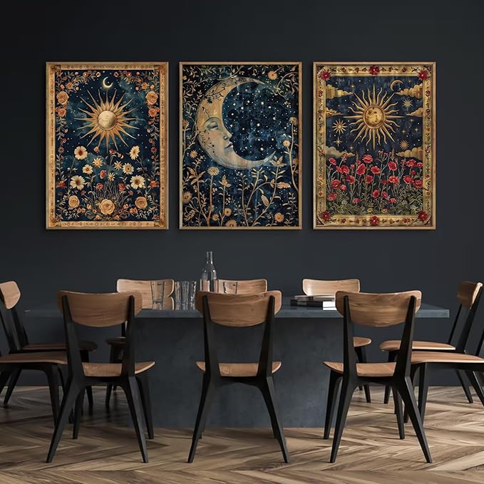 Tocliky Moon Sun Gothic Wall Art Tarot Card Celestial Canvas Poster Witchy Vintage Wall Decor Boho Floral Aesthetic Painting Dark Academia Mystical Astrology Posters for Bedroom 16x24x3 Inch Unframed