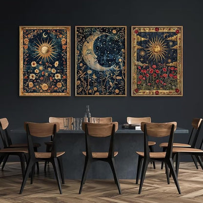 Tocliky Moon Sun Gothic Wall Art Tarot Card Celestial Canvas Poster Witchy Vintage Wall Decor Boho Floral Aesthetic Painting Dark Academia Mystical Astrology Posters for Bedroom 16x24x3 Inch Unframed