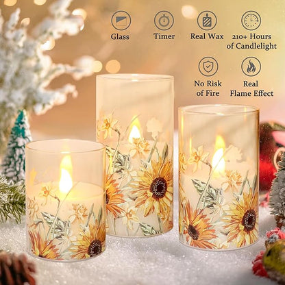 MELTONE Sunflower Flameless Candles Remote Real Wax Flickering Battery Operated Glass Candles - Home Party Bedroom Birthday Christmas Summer Spring Decorations