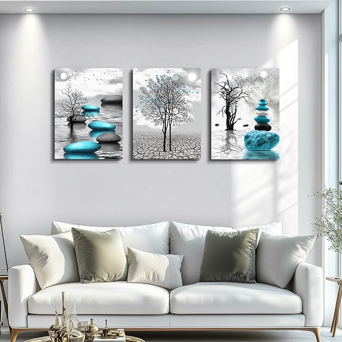 Canvas Wall Art for Living Room Wall Decor for Bedroom Bathroom Black and White Paintings Modern 3 Piece Framed Canvas Art Prints Ready to Hang Inspirational Abstract Blue Pictures Home Decorations