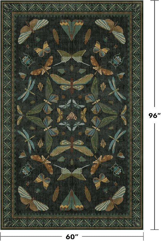 Hazo Haus Black and Green Rug 5x8 for Living Room - Dark Moody Rugs for Dining Room Table, Playroom, Home Office, Insect Floral Moth Décor, Washable Non Skid Foldable
