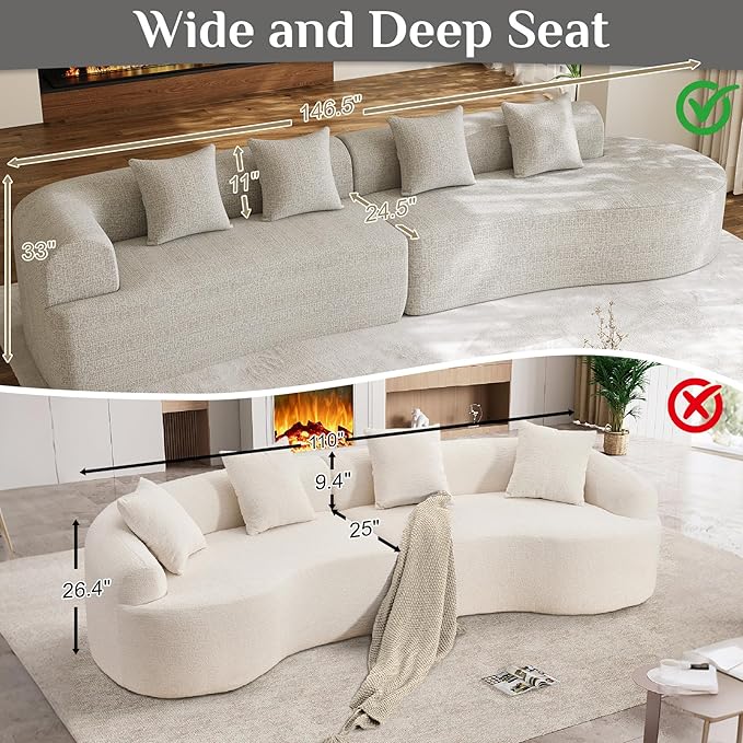 147" Oversized Sectional Sofa for Living Room, Modern Luxury Plush Chenille 4-Seater Extra Deep & Wide Seat Curved Cloud Couch with 4 Throw Pillows, No Assembly Needed, Light Grey