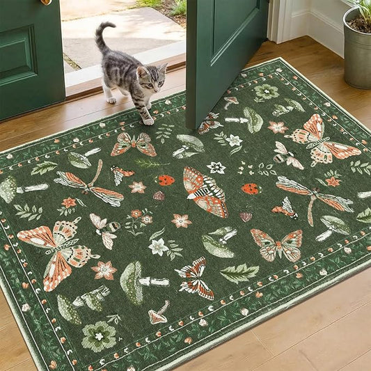 Mushroom Whimsical Cottage Core Small Rug 2x3 Washable Door Mat Indoor Rugs for Entryway Non-Slip Soft Insect Bug Butterfly Funky Decor for Bedroom Kitchen Olive Green