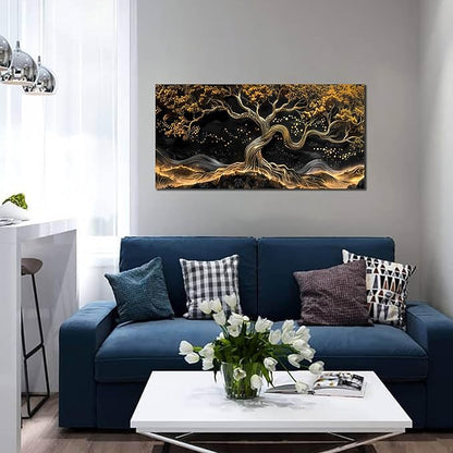 Gold Trees Canvas Wall Art for Living Room - Black Art Wall Decor for Bedroom - Office Artwork Wall Decor Size 20" x 40"