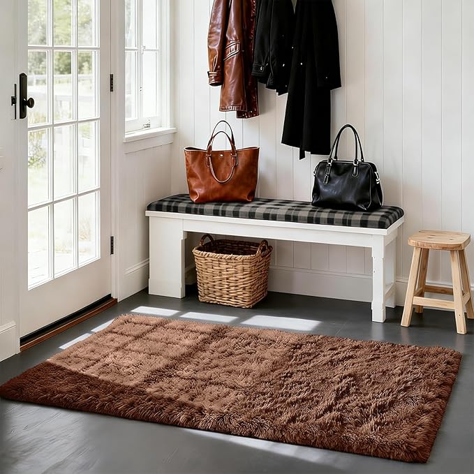 Soft Runner Rugs for Bedroom, Brown 3x7 Area Rugs Fluffy Rug Shag Area Rug Carpet, Bedside Rug for Living Room Bedroom Kids Room Home Decor