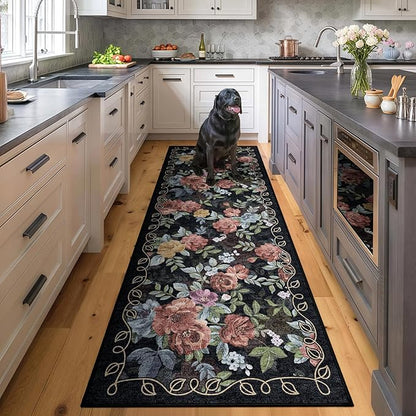 2x6 Machine Washable Runner Rug, Kitchen Hallway Area Rug Dark Blue Black Vintage Boho Floral Ultra Non-Slip Low Pile Soft Faux Wool Carpet Kids and Pets Friendly for Bedroom Entryway Nursery Home Rug