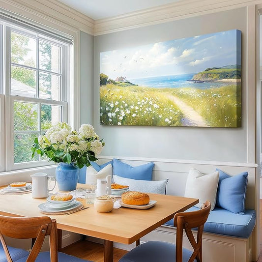 SERIMINO Seaside Nature Large Wall Art, Coastal Landscape Big Canvas Prints, Meadow Wildflowers Pictures Wall Decor, Sunny Scenery Home Decorations for Living Room Bedroom Farmhouse Cottage 29"X57"