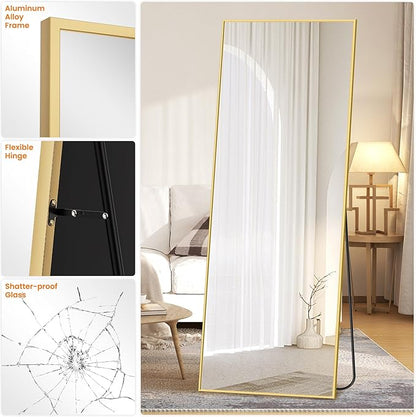 TRAHOME Full Length Standing Mirror, 70"x24" Gold Full Body Mirror with Aluminum Alloy Frame, Free Standing or Wall Mount for Bedroom, Living Room, Dressing Room