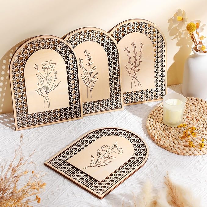 Wesiti 4 Pcs Rattan Wooden Boho Wall Decor Floral Natural Room Wall Art Aesthetic Nursery Farmhouse Hanging Decor for Bedroom Living Room Office