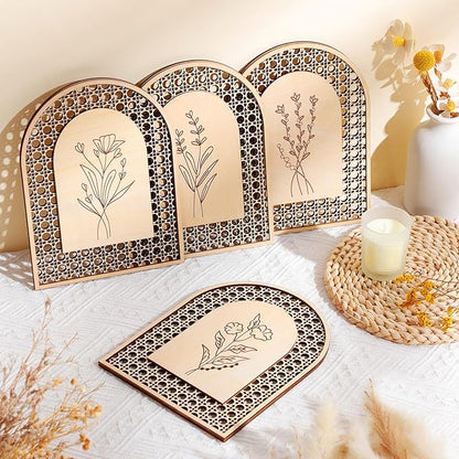 Wesiti 4 Pcs Rattan Wooden Boho Wall Decor Floral Natural Room Wall Art Aesthetic Nursery Farmhouse Hanging Decor for Bedroom Living Room Office