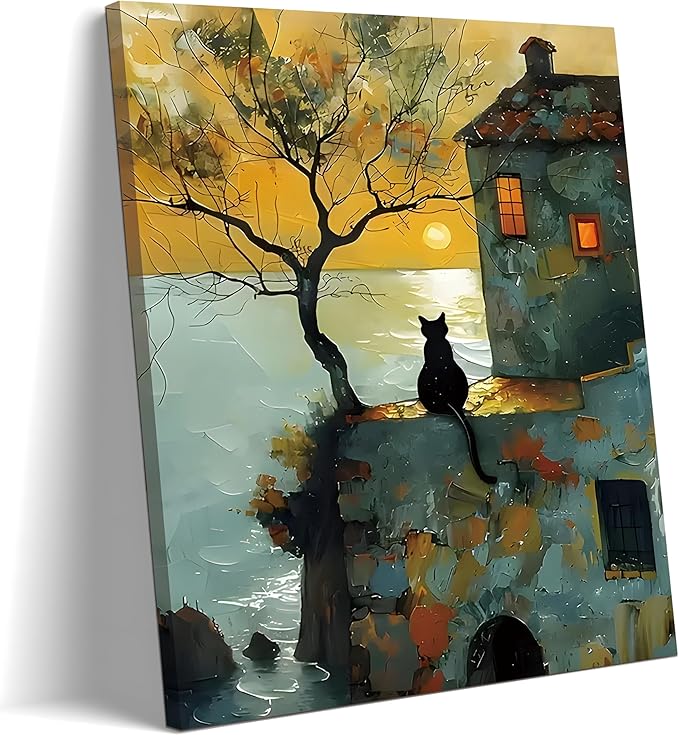 Framed Cat Watching Sunset Wall Art, Black Cat Silhouette Canvas Print Picture, Vintage Coastal Landscape Oil Painting Style, Cat Wall Decor for Living Room Bedroom 12x16 Inch
