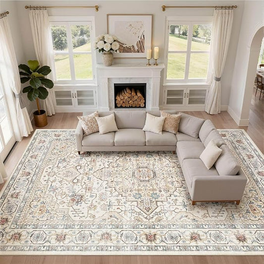 12x15 Area Rug Living Room: Washable Boho Large Neutral Vintage Soft Rug Stain Resistant Farmhouse Non Slip Indoor Floor Carpet for Bedroom Nursery Kids Playroom Office Dining Room- Cream Blue