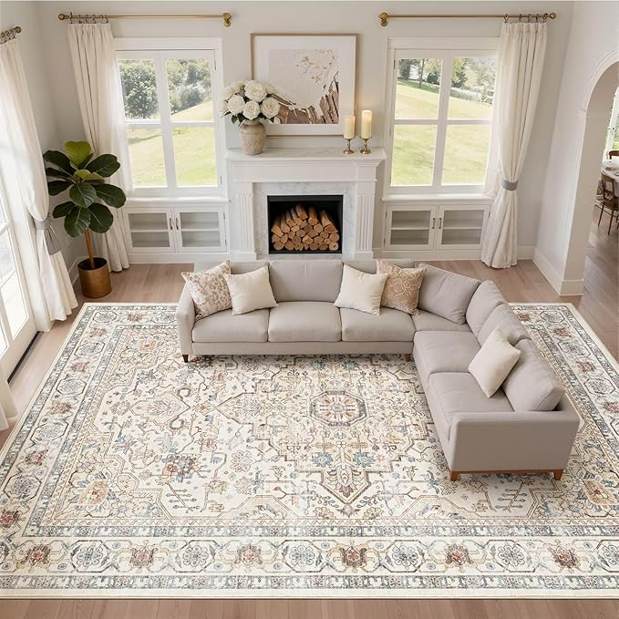 10x12 Area Rug Living Room: Washable Boho Large Neutral Vintage Soft Rugs Stain Resistant Farmhouse Non Slip Indoor Floor Carpet for Bedroom Nursery Kids Playroom Office Dining Room- Cream Blue