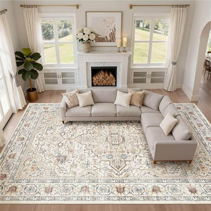 10x12 Area Rug Living Room: Washable Boho Large Neutral Vintage Soft Rugs Stain Resistant Farmhouse Non Slip Indoor Floor Carpet for Bedroom Nursery Kids Playroom Office Dining Room- Cream Blue