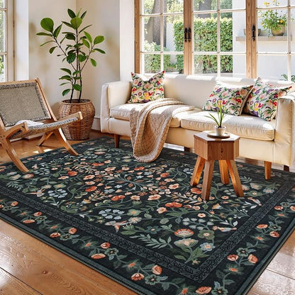 Lahome Black Floral Washable Rug 5x7, Vintage Non Slip Stain Resistant Carpet for Bedroom Kitchen Entryway, Low-Pile Soft Boho Rug for Living Room Office, Machine Washable Home Decor, Black