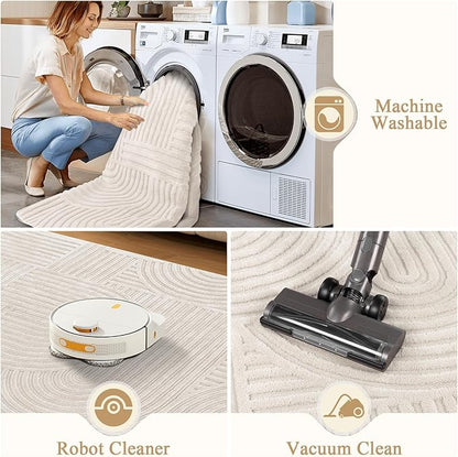 Pauwer 8x10 Washable Area Rugs for Living Room Modern Beige Solid Color Soft Fluffy Rugs for Bedroom Non Slip Boho Accent Indoor Mat Floor Carpet Cover for Kids Room Dining Room Kitchen Office