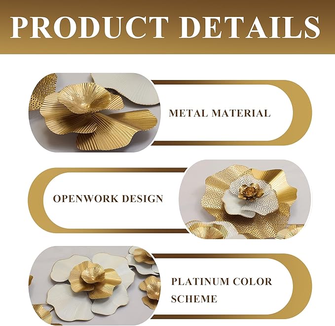 White Gold Abstract Wall Decor - Modern Metal Wall Sculptures, Large 3D Vertical 49"*25" Flower Wall Decor for Living Room, Dining Room, Bedroom