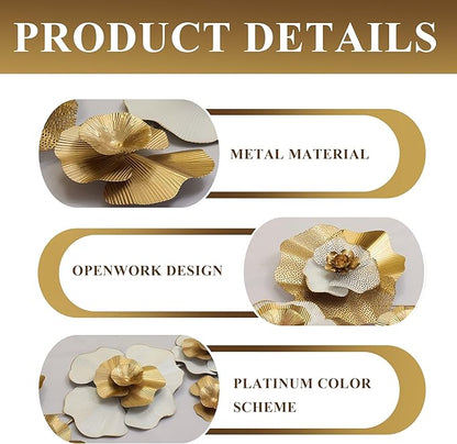 White Gold Abstract Wall Decor - Modern Metal Wall Sculptures, Large 3D Vertical 49"*25" Flower Wall Decor for Living Room, Dining Room, Bedroom