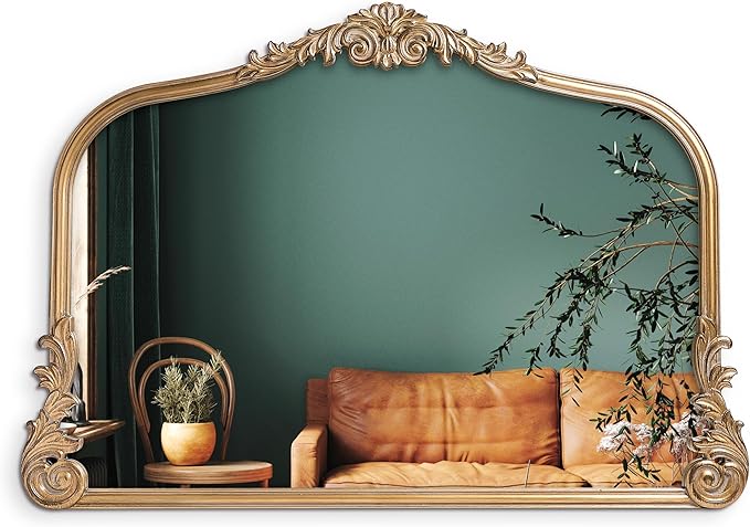 Wylde Iris English Estate Carved Arch Wood Wall Mirror, Mirror for Entryway, Living Room, Bathroom, Antique Gold, 26x37