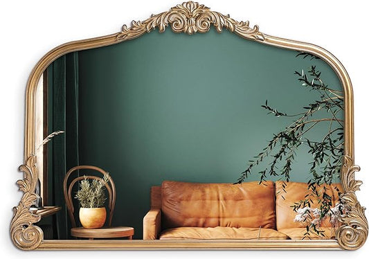 Wylde Iris English Estate Carved Arch Wood Wall Mirror, Mirror for Entryway, Living Room, Bathroom, Antique Gold, 26x37