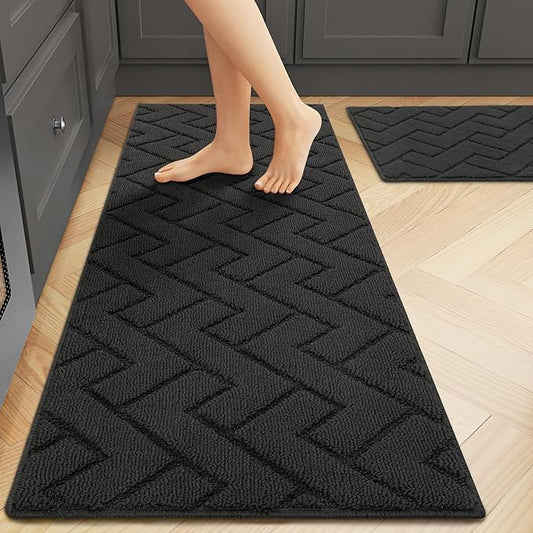 hicorfe Kitchen Runner Rugs and Mats Sets,2 Pieces Absorbent Non-Slip Kitchen Rug,Comfort Kitchen Mat for Floor,Washable for Kitchen,Hallway,Office,Sink,Laundry(20"x59"+20"x32",Charcoal)