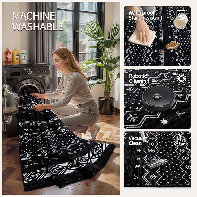 SERISSA Hallway Runner Rug, 2'6"x8' Washable Non-Slip Black and White Boho Rug, Soft Low-Pile Geometric Indoor Long Carpet for Kitchen Laundry Room Bathroom Bedroom Entryway