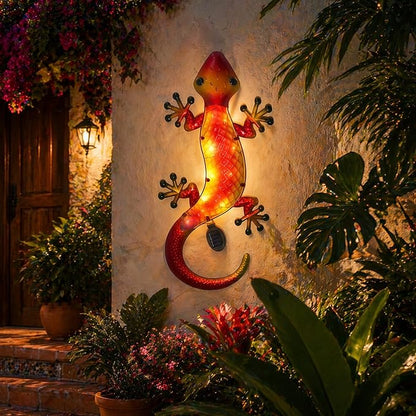 HONGLAND Solar Lizard Wall Decor-30 Inch 3D Gecko Metal Wall Art Outdoor Hanging Glass Sculpture, Yard Decorations Outdoor for Garden Fence