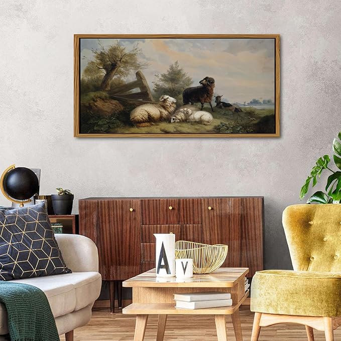 Country Landscape Framed Canvas Wall Art Vintage Sheep Prints Farm Meadow Pasture Scenery Wall Decor Retro Country Animal Trees Painting Countryside Artwork for Bathroom Nursery Home Decoration 24x48