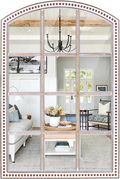 HOITUZYUS 42x28 Inch Farmhouse Arched Windowpane Wall Mirror, Rustic Decorative Mirrors for Living Room, Bedroom, Entryway, Hallway, Bathroom