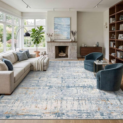 Rugxara 10x14 Extra Large Washable Area Rug, Soft Abstract Vintage Rug for Living Room, Bedroom, Office, Farmhouse, Low Pile Imitation Wool Non Slip Carpet Ideal for High-Traffic Areas, Blue Beige