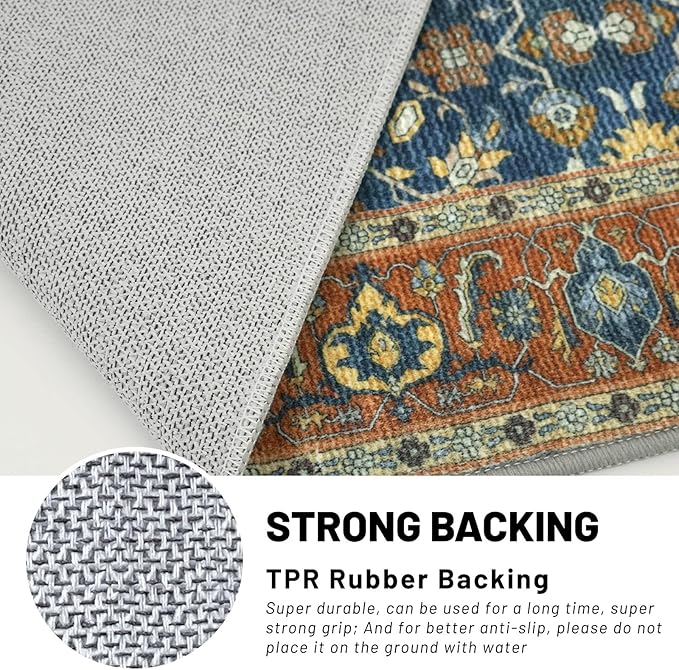 KUTA Vintage Washable Runner Rug, 2x6 Blue Terracotta Runners for Hallways Non-Slip Kitchen Rugs Ultra Thin Soft Printed Oriental Floral Floor Carpet for Laundry Bedroom Living Room Nursery
