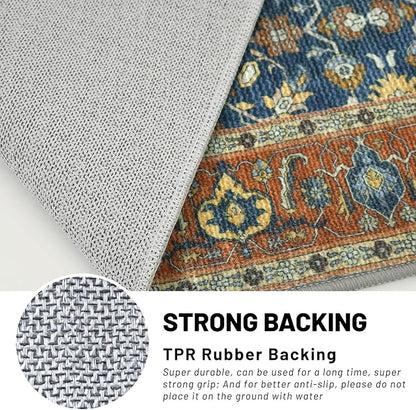 KUTA Vintage 2x3 Rugs for Entryway, Non-Slip Washable Kitchen Rugs & Indoor Door Mat with Floral Print, Blue Terracotta Ultra Thin Soft Low-Pile Throw Rug for Front Door, Bedside, Small Spaces