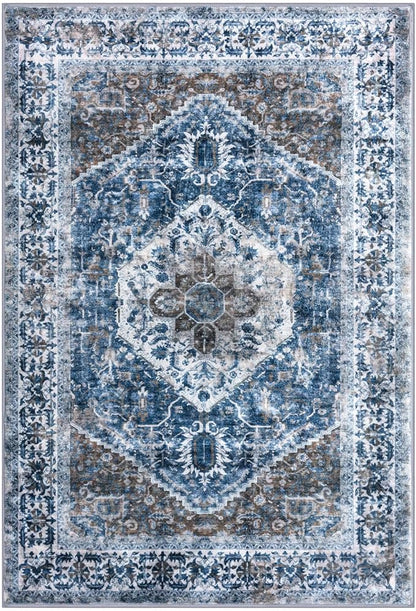 KOZYFLY Boho Area Rug 5x7 Ft Thin Rugs for Living Room Washable Bedroom Rug Non Slip Rugs for Living Room Blue Printed Faux Wool Vintage Bedroom Rug Floor Carpet for Dining Room