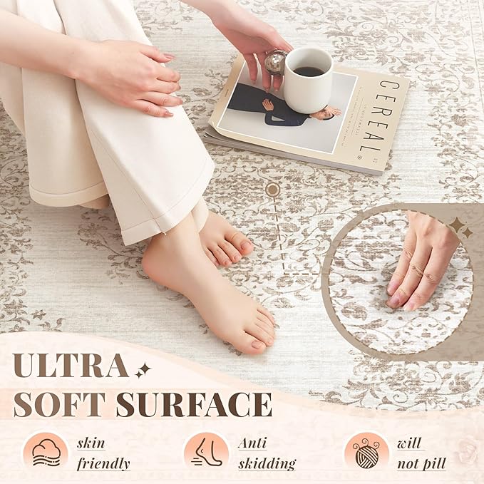 Area Rug 9x12 Vintage Rug: Large Washable Indoor Medallion Rugs Low Pile Distressed Floor Carpet Retro Accent Rug for Living Room Bedroom Kitchen Dining Table Home Office(Vintage Beige, 9'x12')