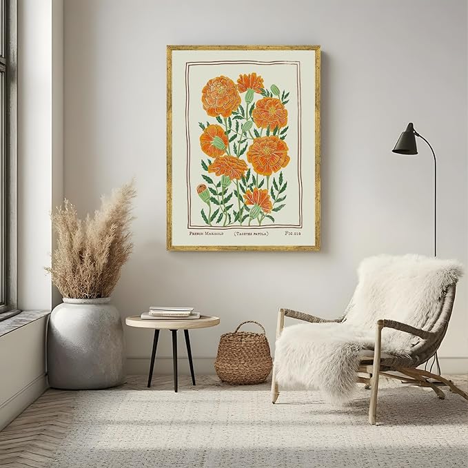 Large Gold Framed Vintage French Marigold Botanical Wall Art Retro Floral Canvas Painting Print Stylish Birth Flower Pictures Farmhouse Artwork for Bedroom Home Garden-Inspired Decor 24x36inch