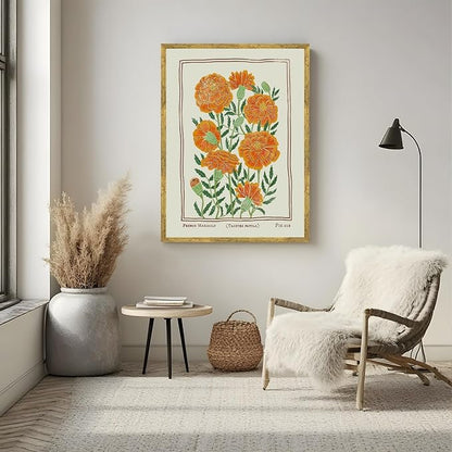 Large Gold Framed Vintage French Marigold Botanical Wall Art Retro Floral Canvas Painting Print Stylish Birth Flower Pictures Farmhouse Artwork for Bedroom Home Garden-Inspired Decor 24x36inch