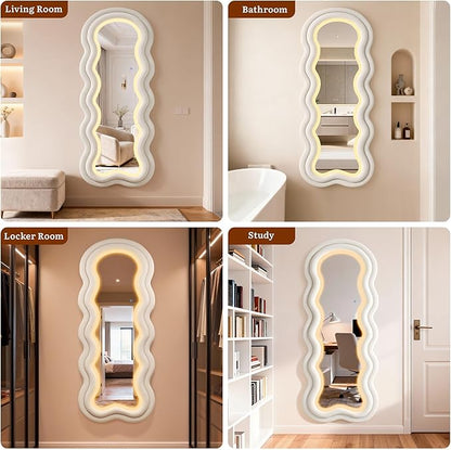 Wavy Wavy Full Length Mirror, 63"×24" Irregular Full Body Mirror with 3-Color Adjustable Light, Luxury Teddy-Velvet Frame Floor/Wall Mounted Mirror for Living Room/Bedroom/Dressing Room