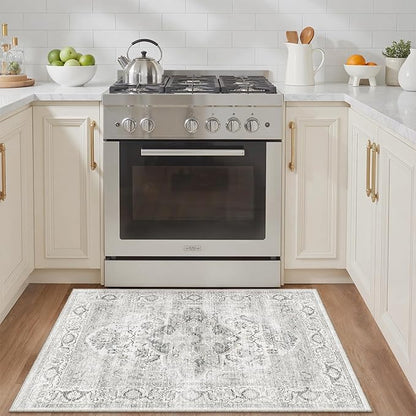 Washable 2x3 Area Rug - Non-Slip Low Pile Entryway Rug Stain Resistant Indoor Carpet for Inside Front Door Bedroom Kitchen Bathroom Ivory/Gray