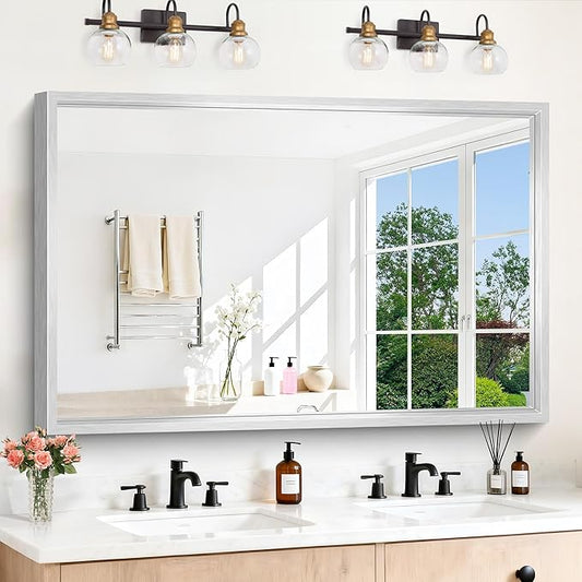 60"x40" Brushed Silver Bathroom Mirror, Large Rectangular Mirror for Wall, 0.6" Thickened Deep Frame Mirrors for Bathroom Sink, Shatterproof Tempered Glass, Antirust, Horizontally or Vertically