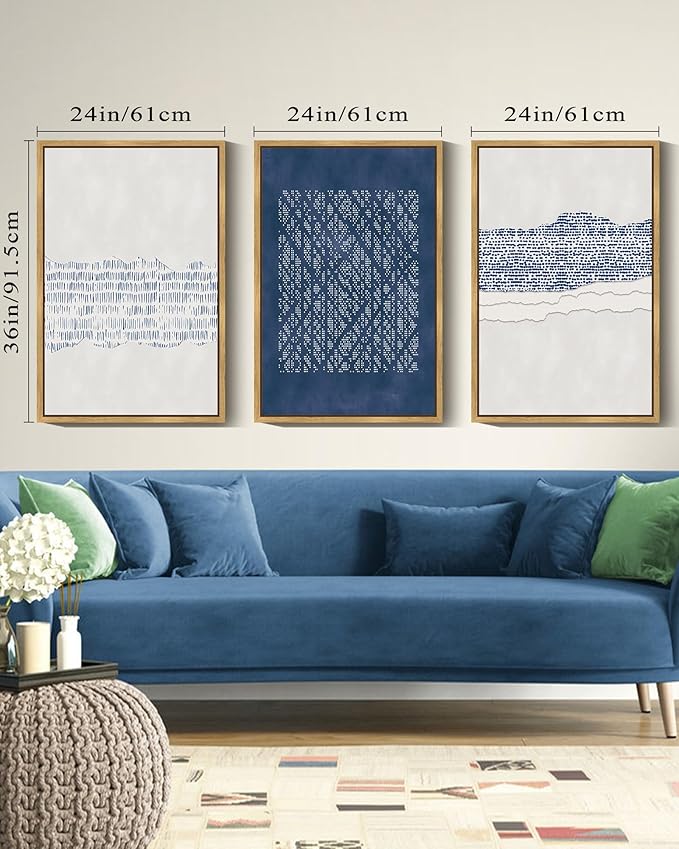 Drsoum Blue Abstract Boho Framed Wall Art Large 24x36in Minimalist Mid-Century Modern Wall Decor Geometric Artwork Kitchen Dining Room Black Framed