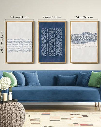 Drsoum Blue Abstract Boho Framed Wall Art Large 24x36in Minimalist Mid-Century Modern Wall Decor Geometric Artwork Kitchen Dining Room Black Framed