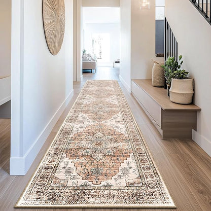 BESTSWEETIE 2x10 Area Rug Washable Rugs for Living Room, No Pile Boho Carpet for Entryway Bedroom Dinning Room, Vintage Carpet Print Distressed Non-Slip, 2 x 10 ft, Orange Pink Brown Earth Tones