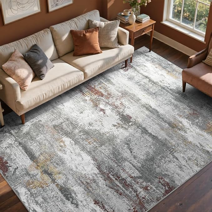 9x12 Ft Extra Large Washable Area Rugs for Living Room, Soft Non-Slip Modern Abstract Print Pattern Carpet for Bedroom Indoor Floor Nursery Home Decor (Grey/Gold-Brown/Red-Brown)