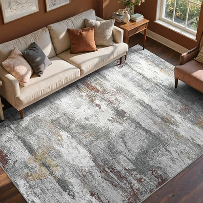 9x12 Ft Extra Large Washable Area Rugs for Living Room, Soft Non-Slip Modern Abstract Print Pattern Carpet for Bedroom Indoor Floor Nursery Home Decor (Grey/Gold-Brown/Red-Brown)